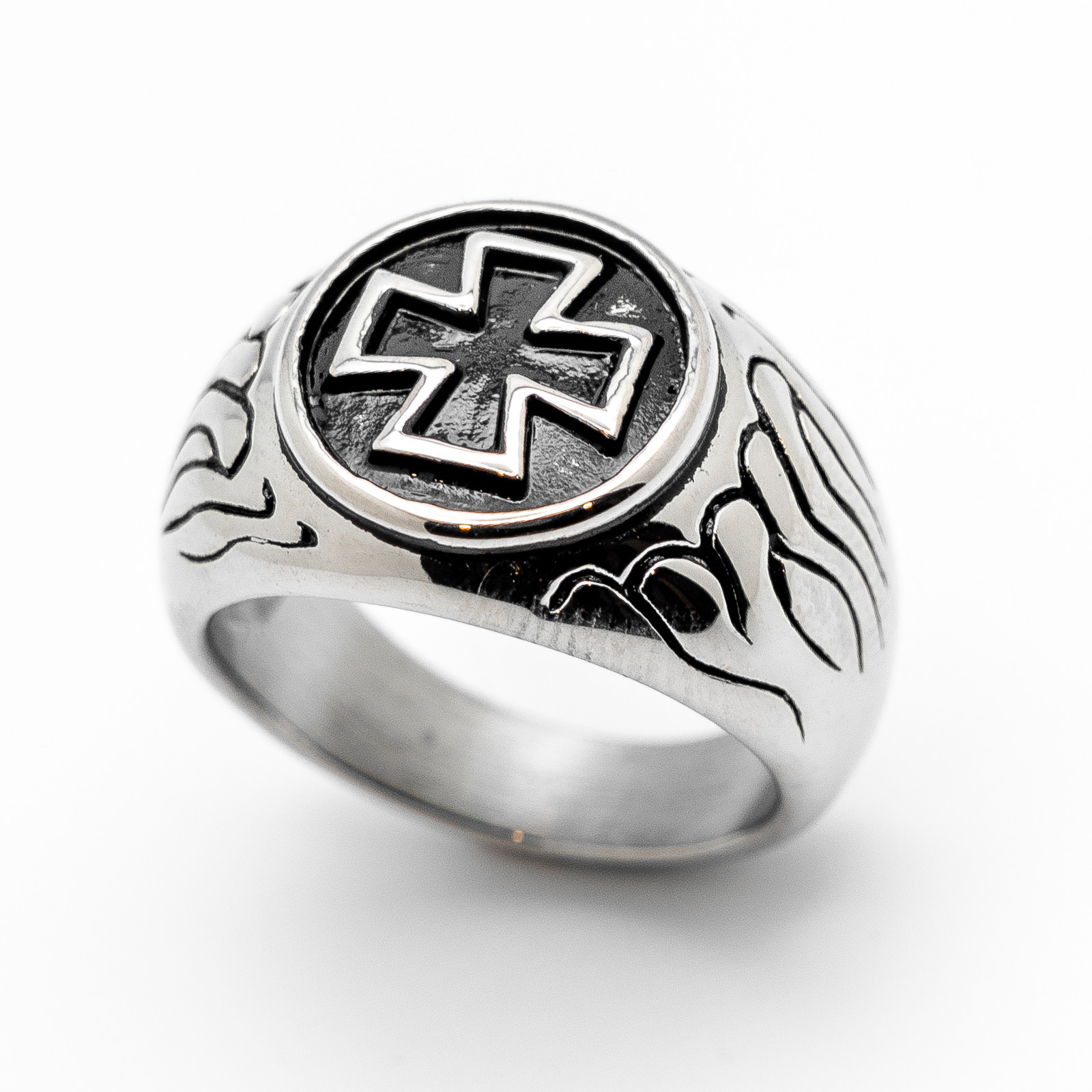 Men's Round Iron Cross Ring with Flames Biker Stainless Steel Sizes 8 - 16 - Product Image