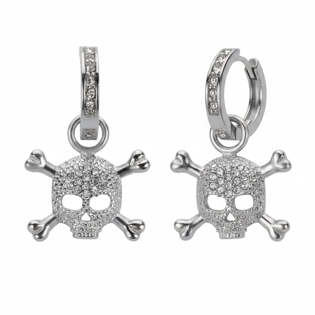 Skull & Crossbones Bling Dangle Hoop Earrings Unisex Stainless Steel SE23 - Product Image