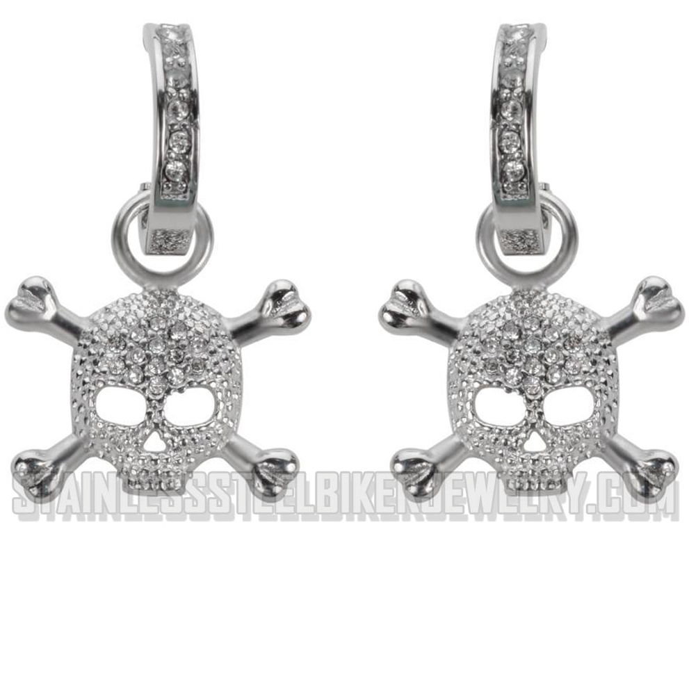 Skull &amp; Crossbones Bling Dangle Hoop Earrings Unisex Stainless Steel SE23
