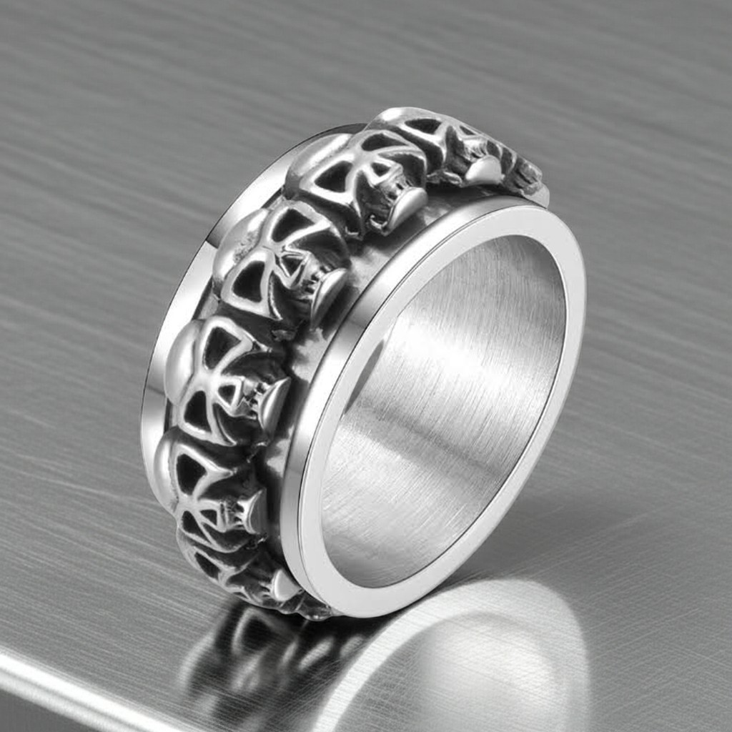 All Skulls Spinner Ring Unisex Wedding Band Biker Stainless Steel  Sizes 8-13