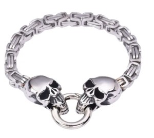 Stainless Steel Byzantine Dual Skull Biker Bracelet Stainless Steel Byzantine Dual Skull Biker Bracelet - Product Image