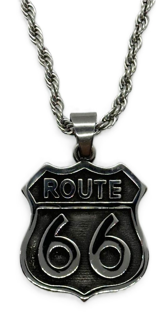 Stainless Steel Rope or Byzantine Necklace with Large Route 66 Pendant