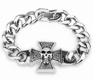 Skull with Iron Cross Biker Bracelet Curb Link Stainless Steel 