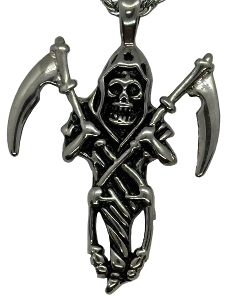 Standing Grim Reaper Pendant on 3mm Rope Chain Men's Necklace Stainless Steel  - Product Image