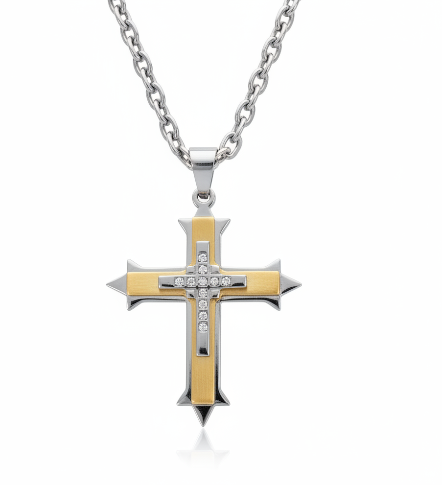 Three Layer 2-Tone Religious Cross Large 4 Inches with Link Necklace Stainless Steel SP82