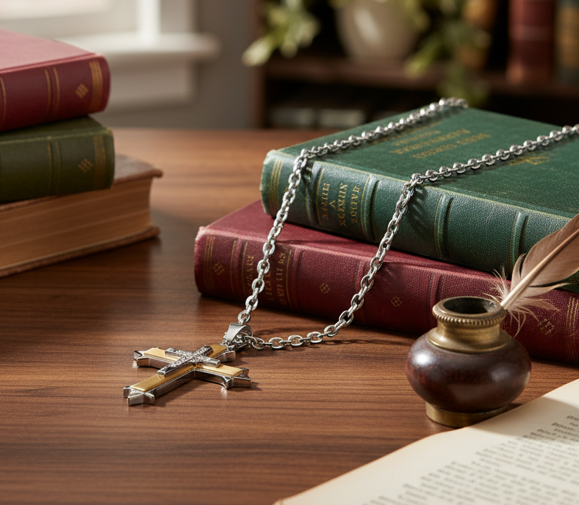 Three Layer 2-Tone Religious Cross Large 4 Inches with Link Necklace Stainless Steel SP82