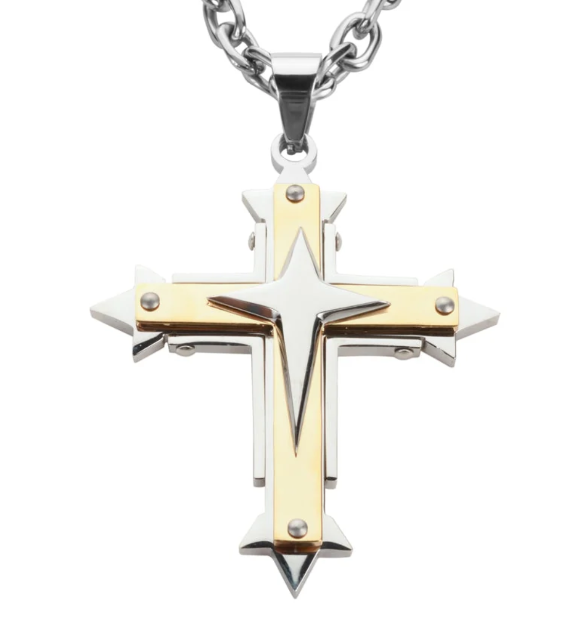 Three Layer Cross Two Tone Pendant Religious Cross Open Link Unisex Necklace