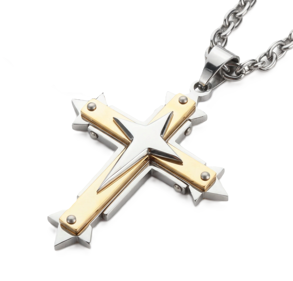 Three Layer Cross Two Tone Pendant Religious Cross Open Link Unisex Necklace
