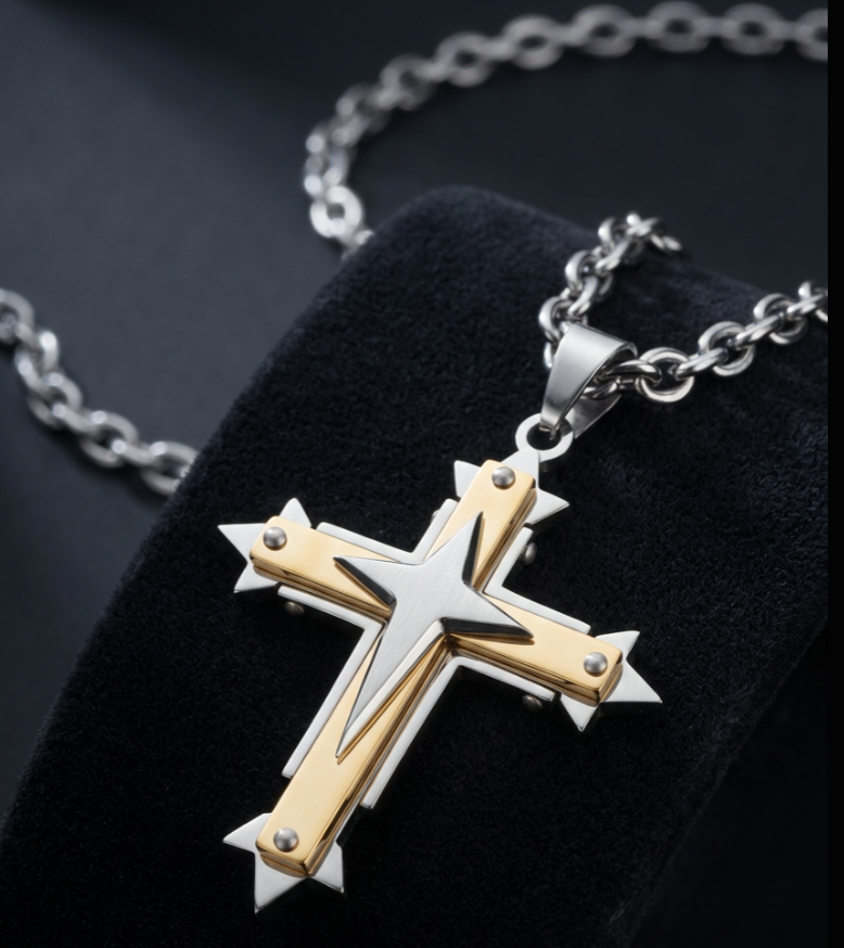 Three Layer Cross Two Tone Pendant Religious Cross Open Link Unisex Necklace