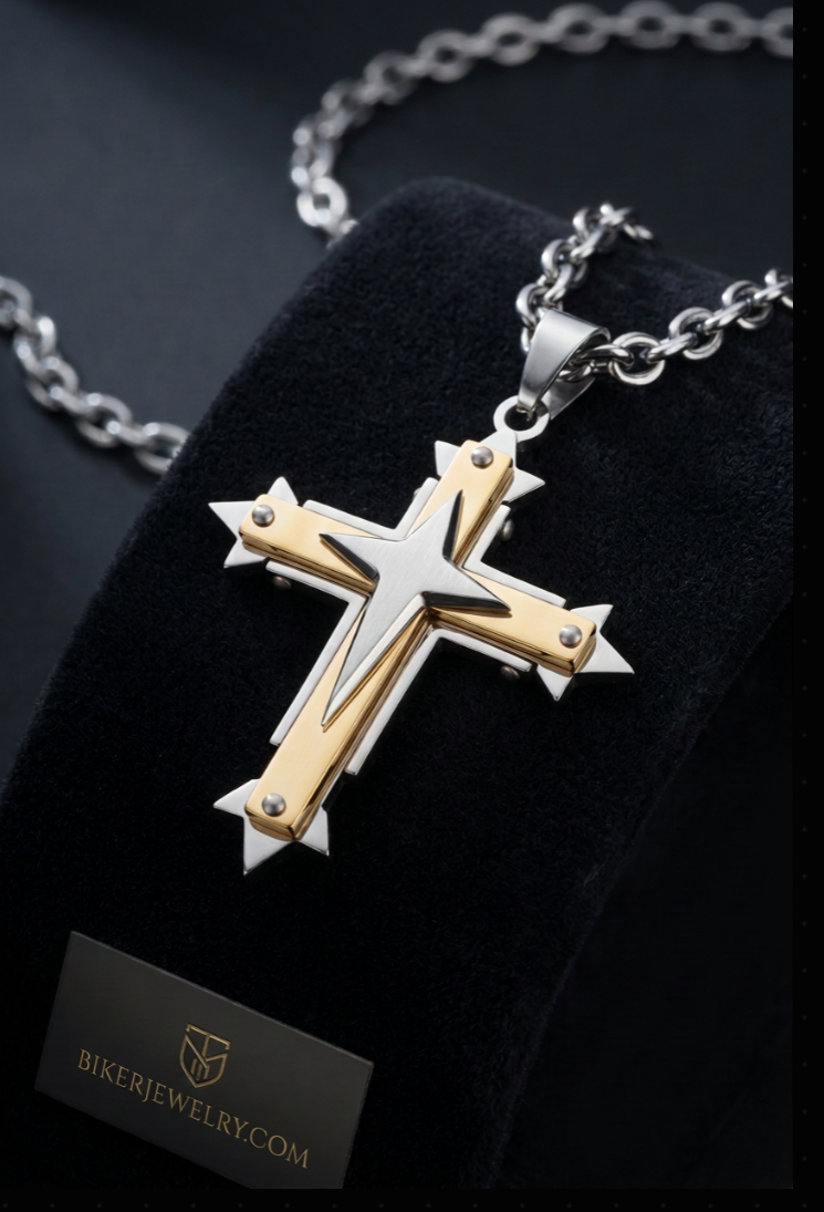 Three Layer Cross Two Tone Pendant Religious Cross Open Link Unisex Necklace