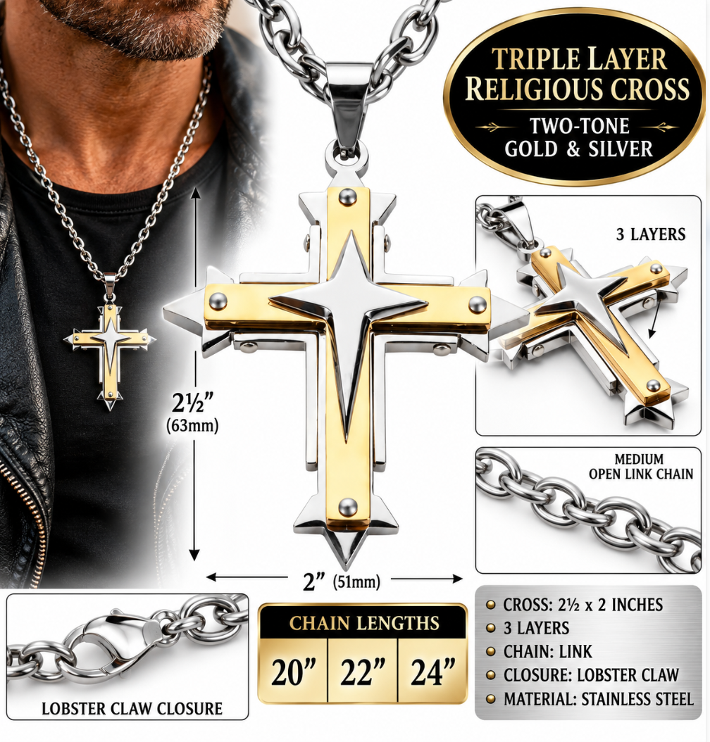 Three Layer Cross Two Tone Pendant Religious Cross Open Link Unisex Necklace
