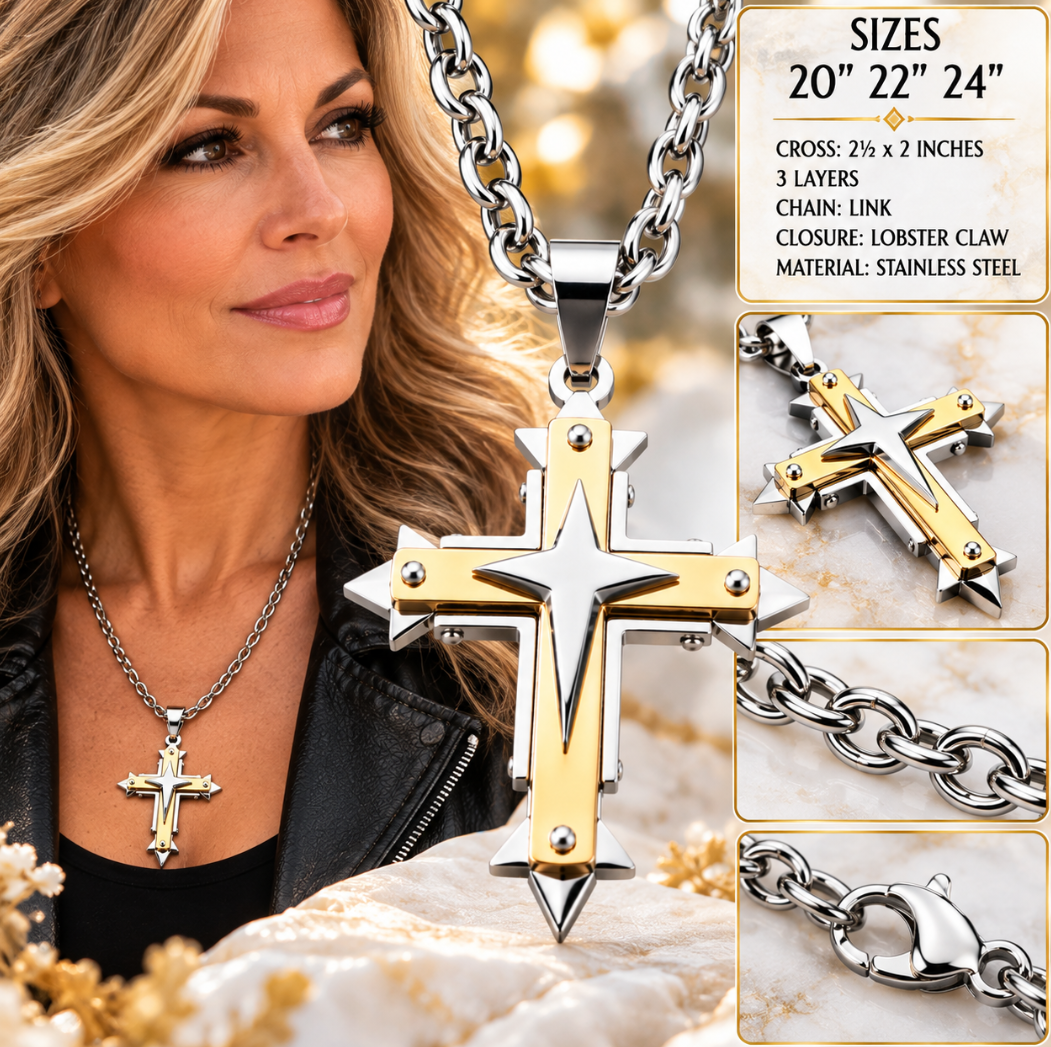 Three Layer Cross Two Tone Pendant Religious Cross Open Link Unisex Necklace
