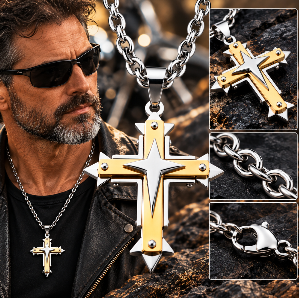 Three Layer Cross Two Tone Pendant Religious Cross Open Link Unisex Necklace