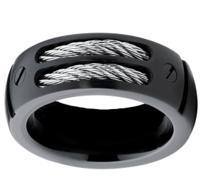 Unisex Black Double Cable RingComfort Fit Wedding Band Stainless Steel Sizes 7-13 - Product Image