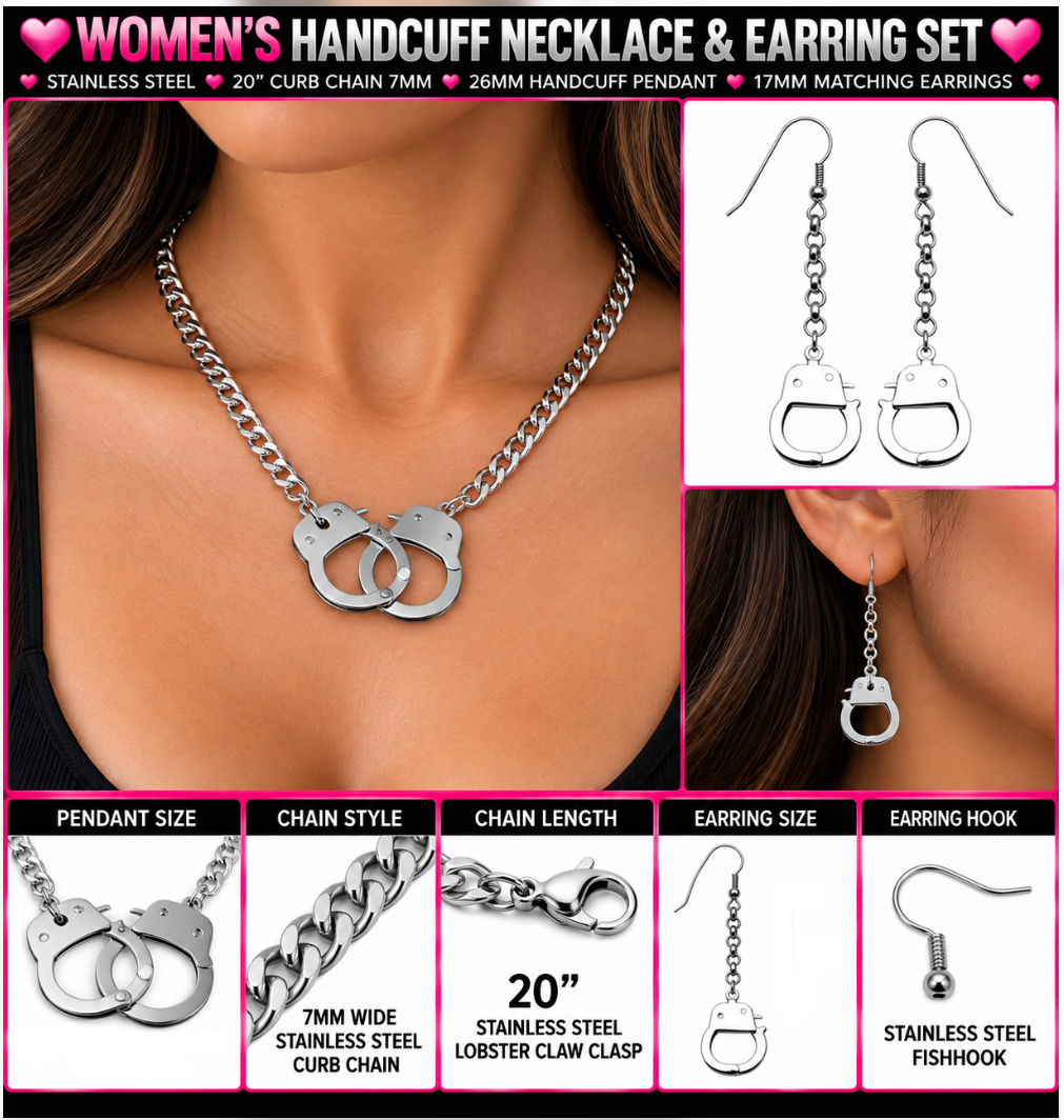 Women's 3-Piece Handcuff Jewelry Set Necklace &amp; Earrings Stainless Steel